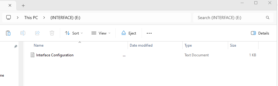 The INTERFACE drive opened, showing the Interface Configuration text file